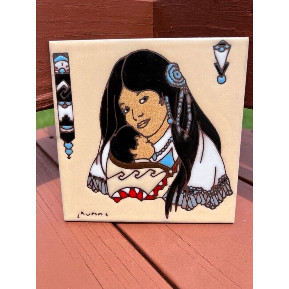 Vintage Earthtones Leone Kuhne Native American Mother And Child Art Tile 1990